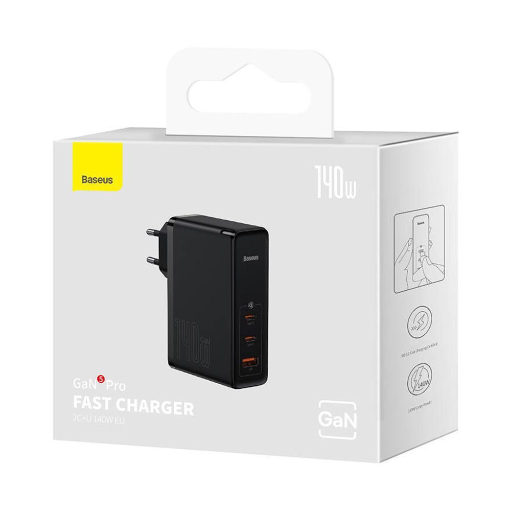 Φορτιστής Baseus GaN5 Pro Quick Charger 2xUSB-C + USB 140W με καλώδιο Type-C Μαύρο
