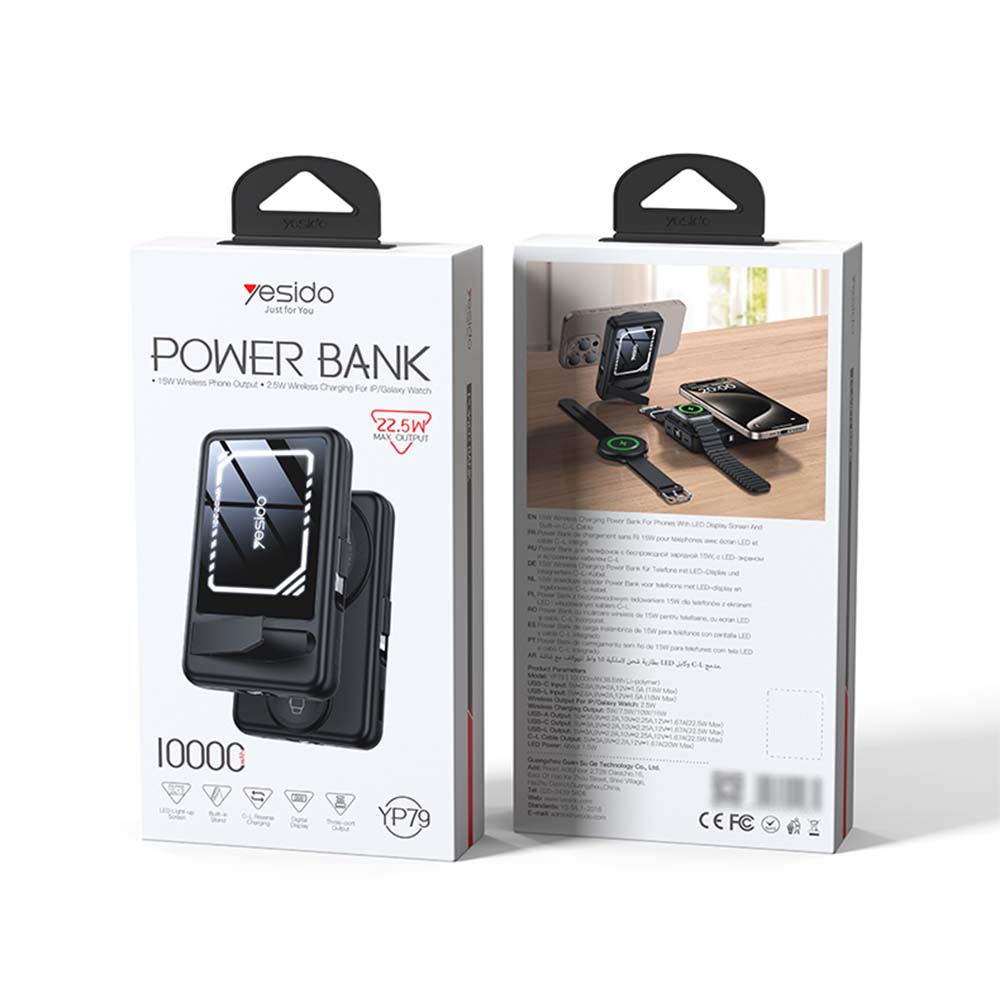 Ασύρματο Power Bank Yesido YP79 Magnetic 10000mAh 3-σε-1, 22.5W QC 4+ Μαύρο
